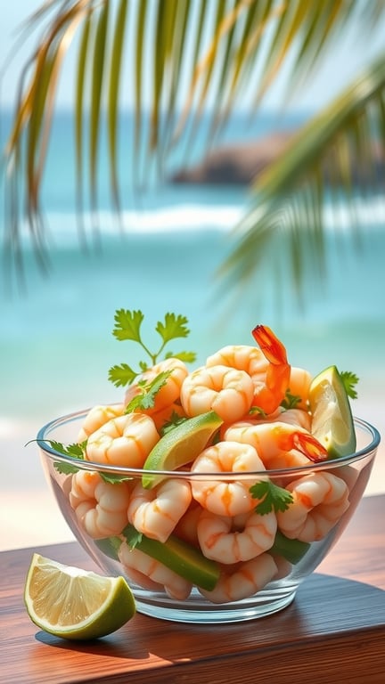 A bowl of shrimp and avocado salad with lime and cilantro, set against a beach background.