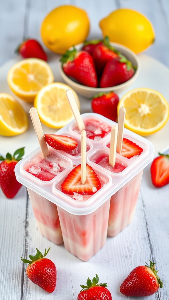 A container of strawberry lemonade popsicles with fresh strawberries and lemons in the background.