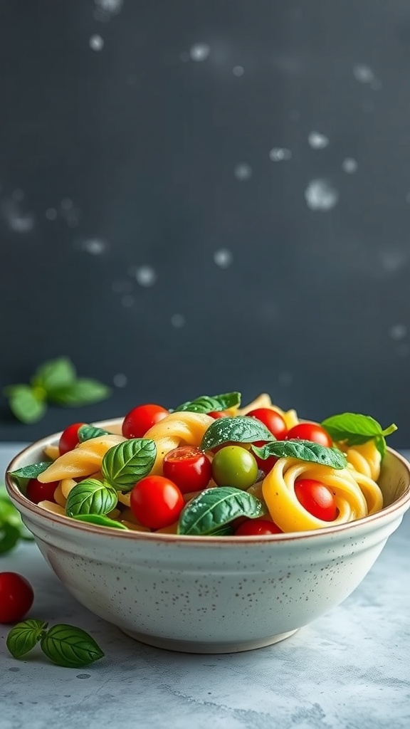 A bowl of Lemon Basil Pasta Salad with cherry tomatoes and fresh basil leaves.