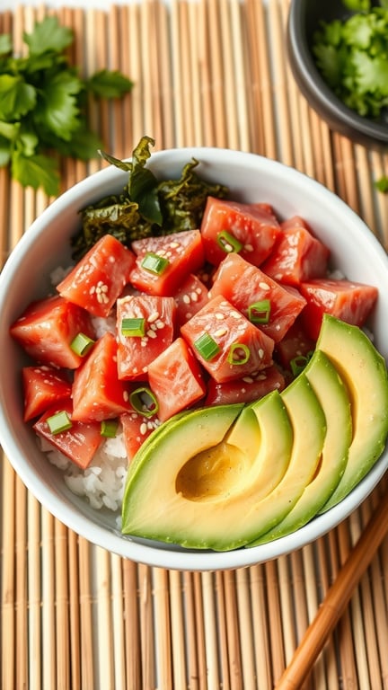 A delicious Tuna Poke Bowl with avocado slices, sesame seeds, and green onions on a bamboo mat.