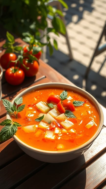 A bowl of vibrant gazpacho soup topped with fresh vegetables and herbs, placed on a wooden table with tomatoes in the background.