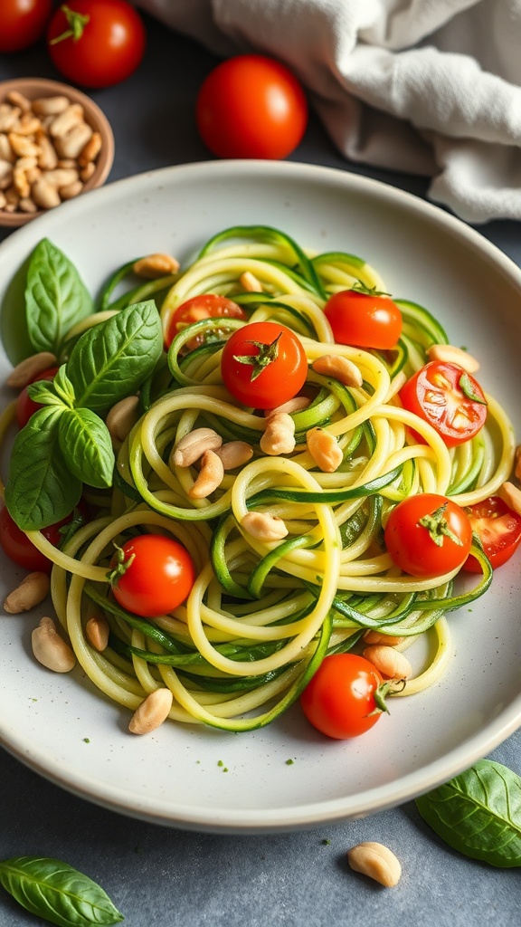 A plate of zucchini noodles topped with cherry tomatoes, basil, and pine nuts.