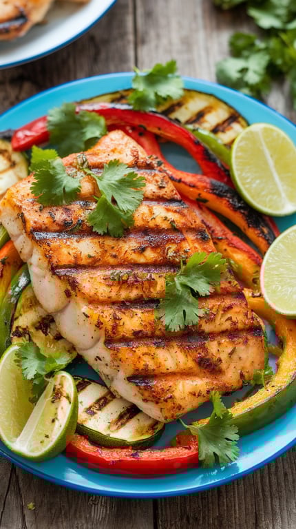 Grilled tilapia fillets with chili lime marinade, garnished with cilantro and lime, served with grilled vegetables.