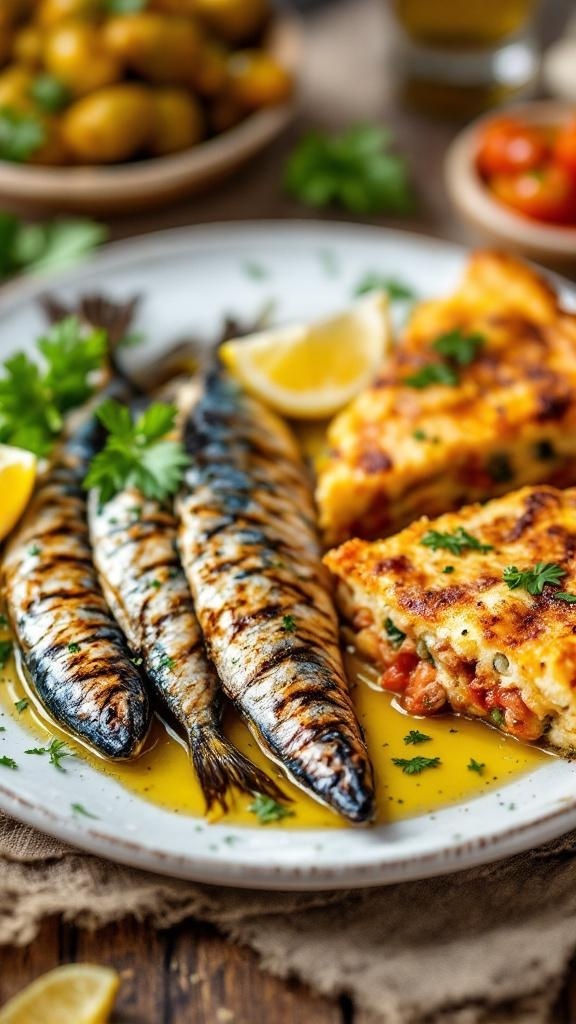 Grilled sardines with lemon and a slice of Komiška pogača on a rustic table.