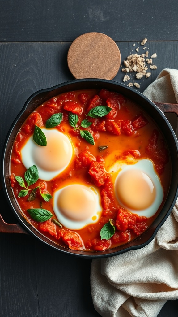 A skillet of shakshuka with poached eggs in tomato sauce, garnished with fresh basil.