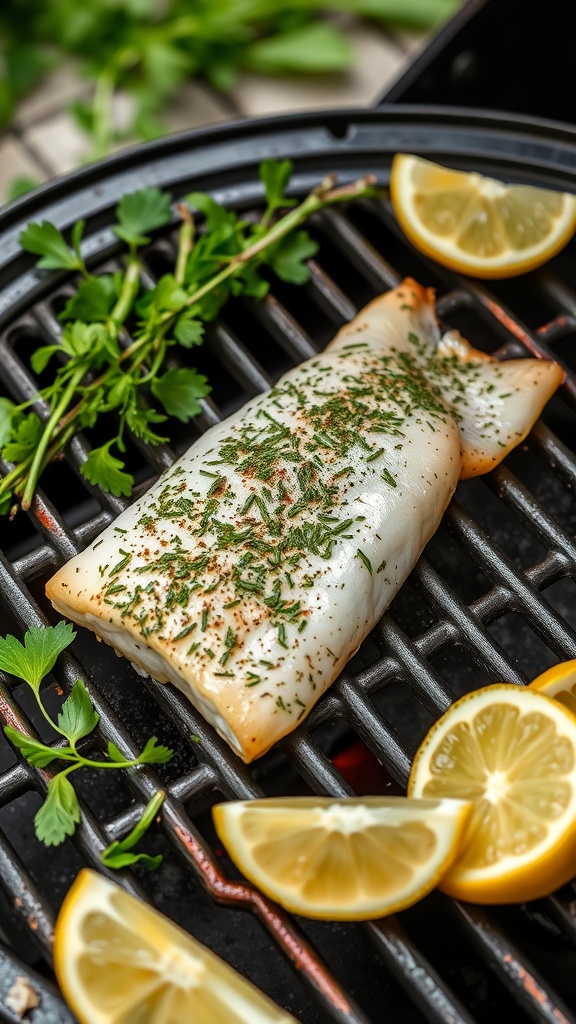 Grilled trout with herbs and lemon slices on a grill