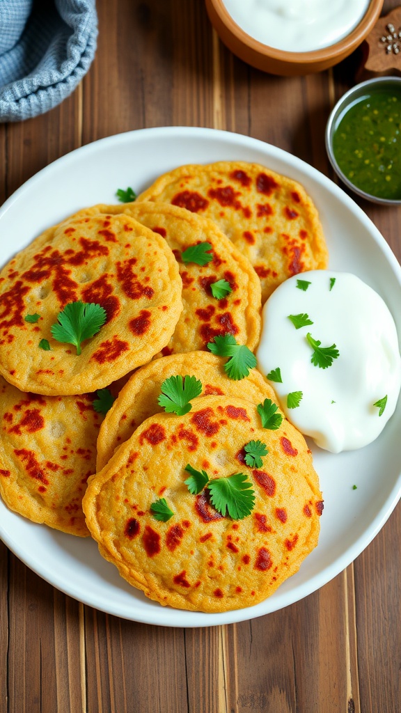 Crispy Singhare atta cheela served with yogurt and green chutney on a rustic table.