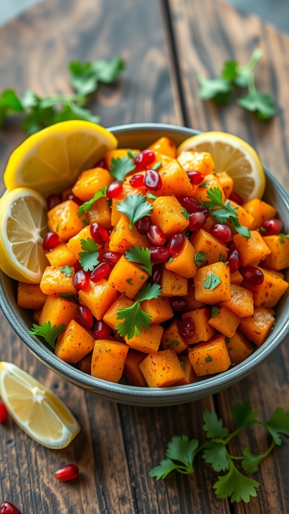 A bowl of spicy sweet potato chaat with coriander and pomegranate, garnished with lemon on a wooden table.