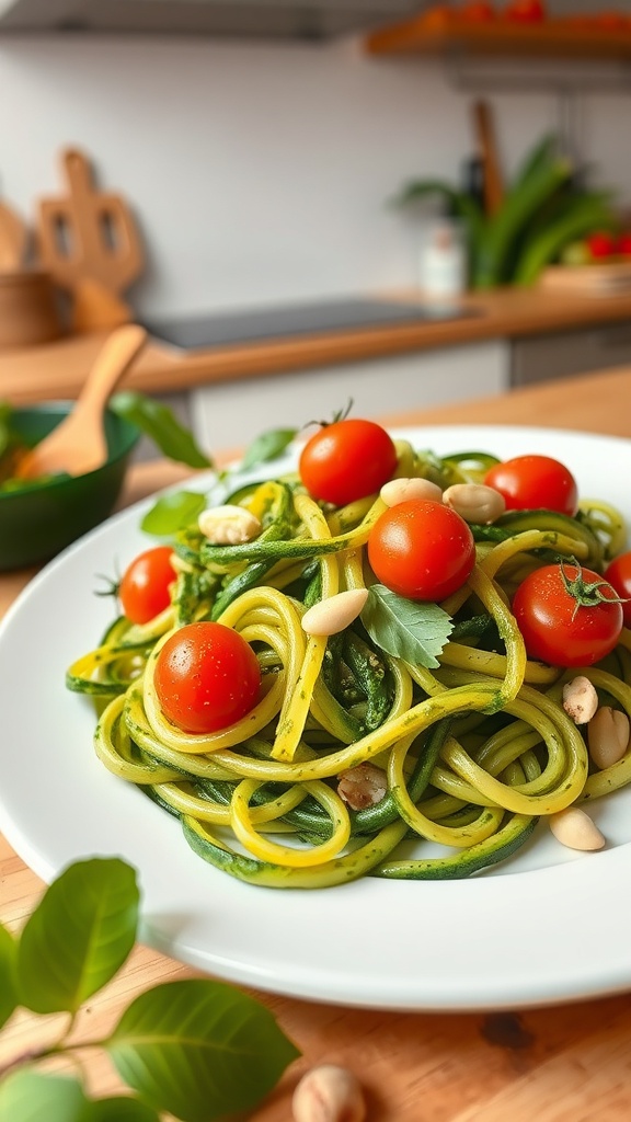 A plate of zucchini noodles topped with pesto, cherry tomatoes, and nuts.