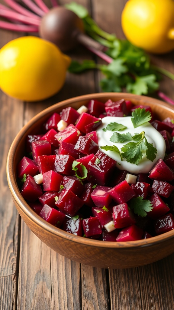 A vibrant bowl of beetroot salad with yogurt and coriander on a wooden table.