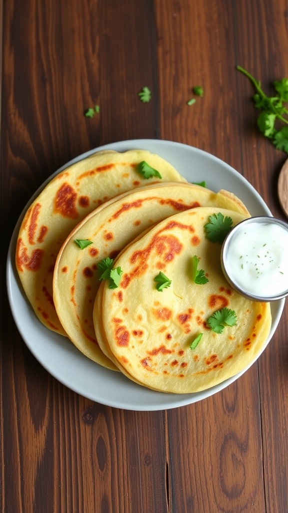 Crispy Kuttu dosa served with coconut chutney and yogurt on a rustic table.