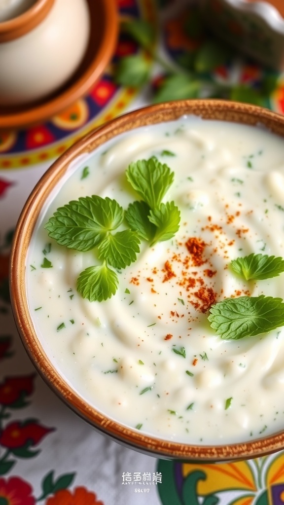 A bowl of lauki raita with grated bottle gourd and yogurt, garnished with herbs, on a vibrant Indian table.
