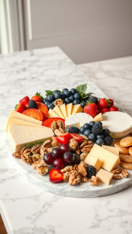 A colorful fruit and cheese platter featuring strawberries, blueberries, blackberries, nuts, and various cheeses on a marble board.