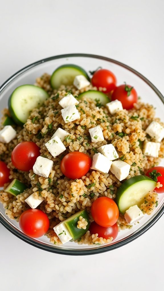 A bowl of herbed quinoa salad with cherry tomatoes, cucumbers, and feta cheese.