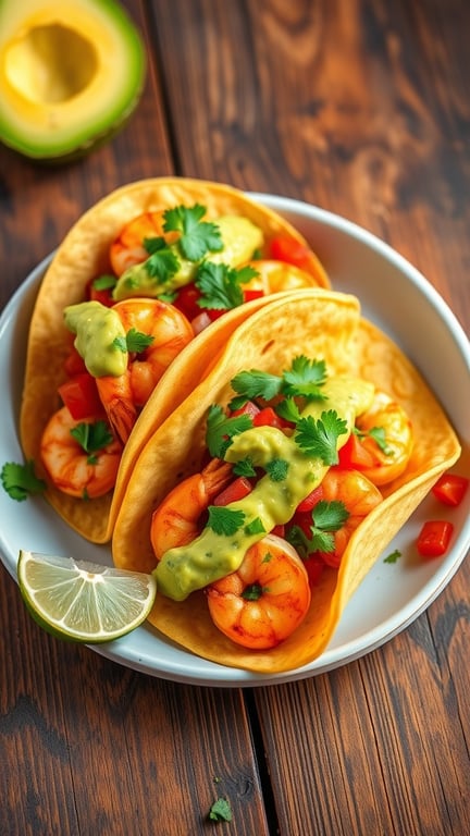 Spicy Shrimp Tacos with Avocado Salsa Recipe Spicy shrimp tacos with avocado salsa on a plate, garnished with cilantro and lime.