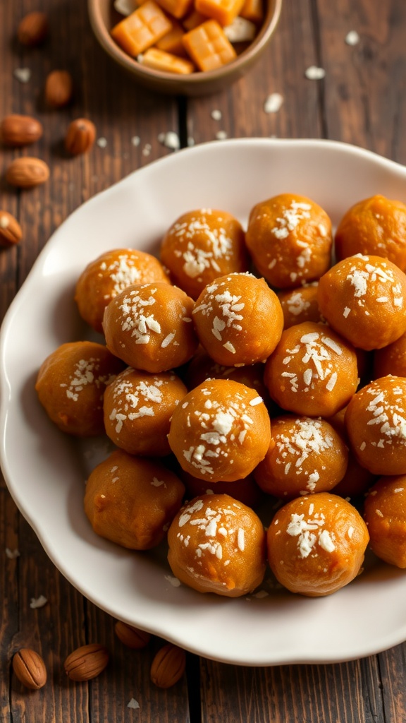 A plate of date and jaggery laddoos garnished with coconut, surrounded by nuts and jaggery.