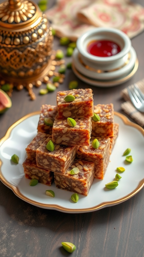 Sugar-free anjeer barfi garnished with pistachios on a decorative plate.