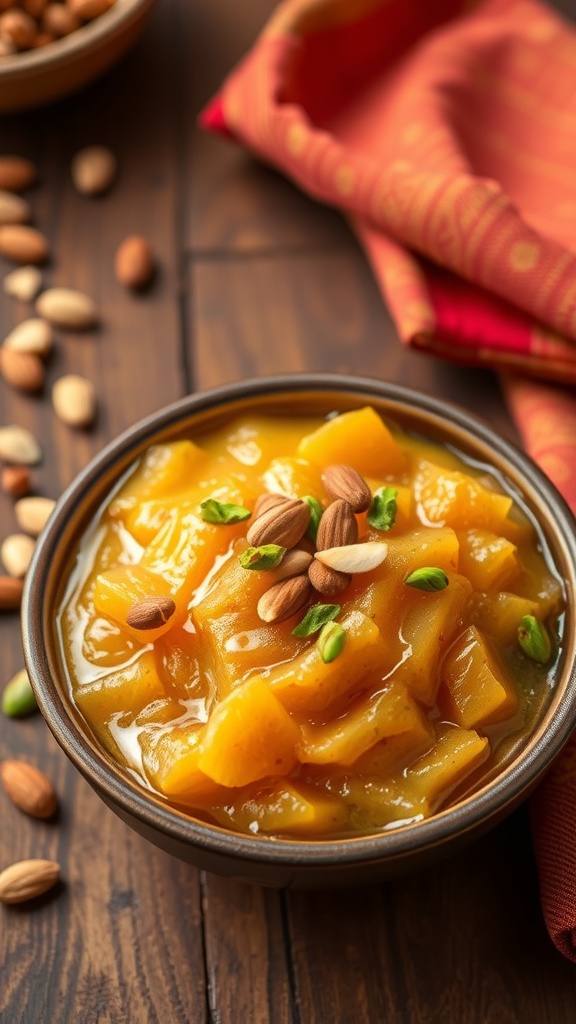 A bowl of Badam Jaggery Halwa garnished with nuts, served on a rustic table.