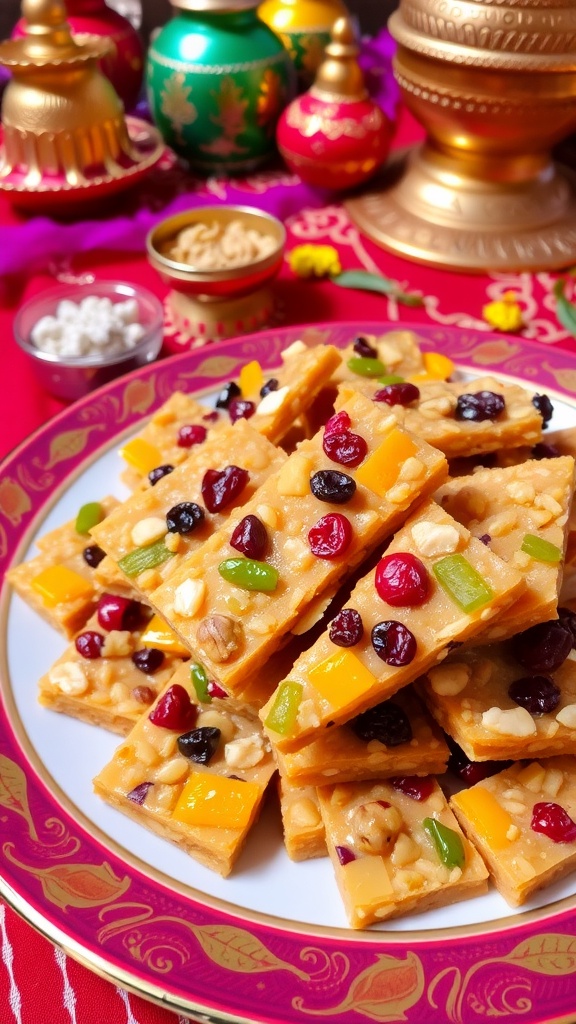 Healthy Dry Fruit Chikki Recipe A plate of dry fruit chikki made with nuts and jaggery, arranged in squares, set in a festive background.