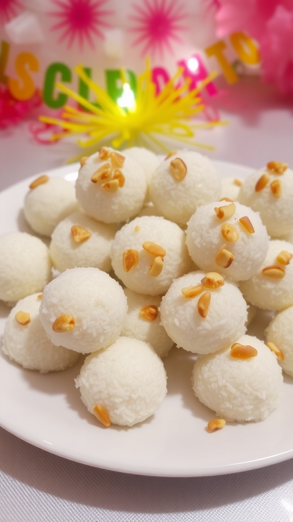 A plate of khajur coconut bites, round and coated with grated coconut, garnished with nuts, on a festive background.