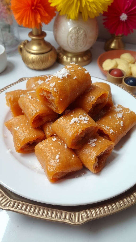 Nutritious Walnut Jaggery Rolls Recipe Nutritious walnut jaggery rolls garnished with coconut on a traditional Indian platter.