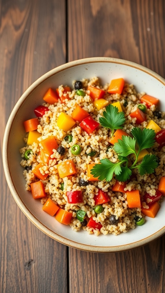 A nourishing Indian wellness bowl with quinoa and mixed vegetables, garnished with coriander on a wooden table.