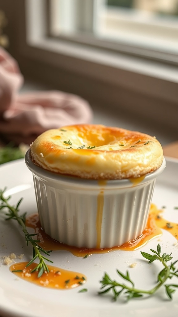 A fluffy egg soufflé topped with herbs, sitting in a white ramekin with a drizzle of egg yolk on a plate.