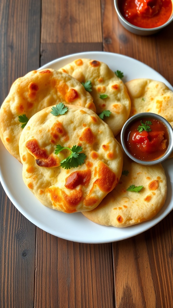 Golden brown Kalari Kulchas stuffed with cheese, served with chutney and yogurt on a rustic table.