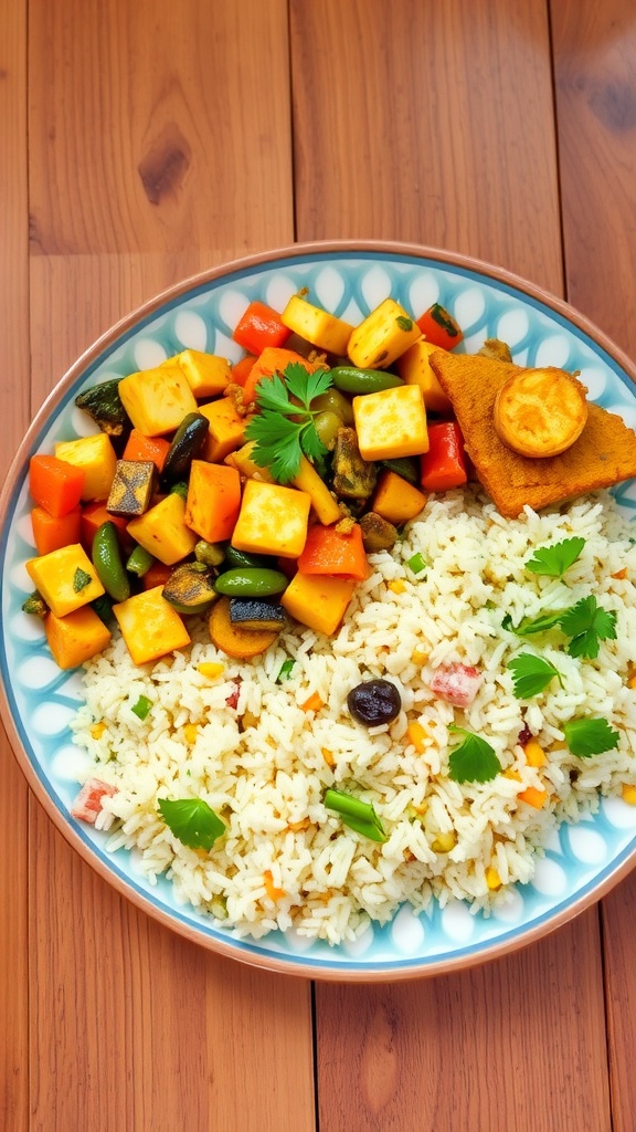 Chhurpi Stir-Fry and Bandel Cheese Pulao Recipe Chhurpi stir fry with vegetables and Bandel cheese pulao on a rustic table.