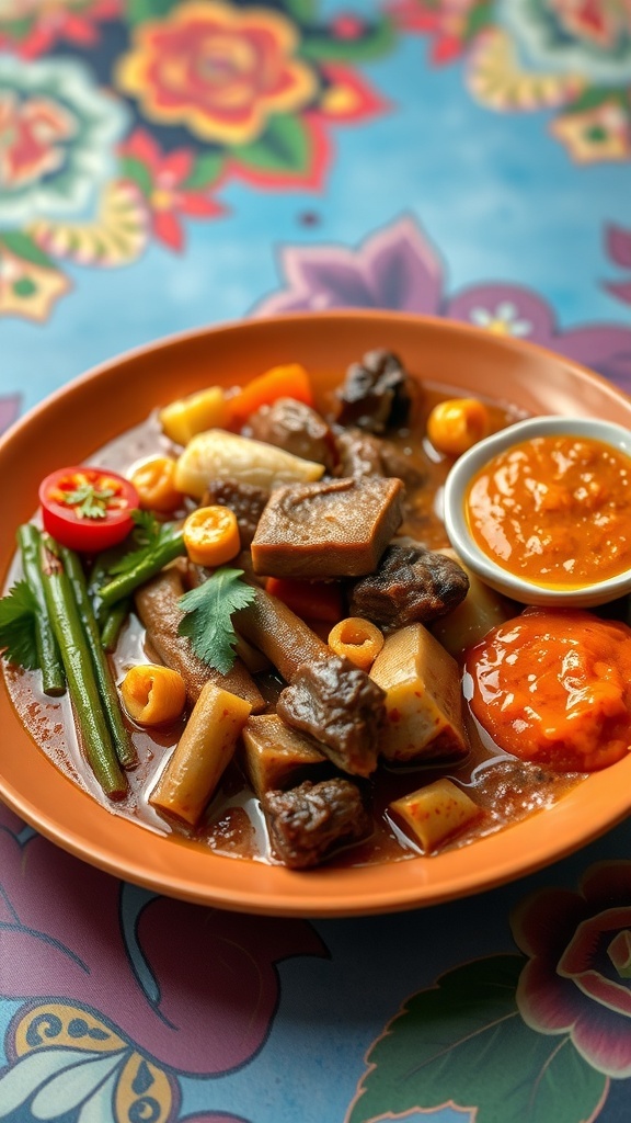 A bowl of Kare-Kare featuring oxtail, vegetables, and a side of peanut sauce.