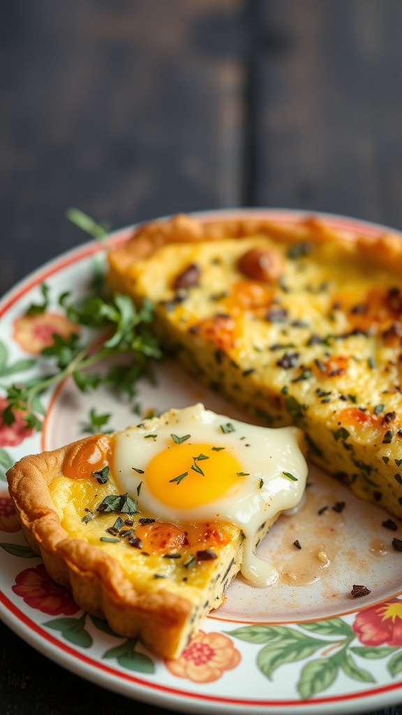 A slice of herbed egg frittata with cheese on a floral plate, showcasing a golden crust and vibrant yolk.