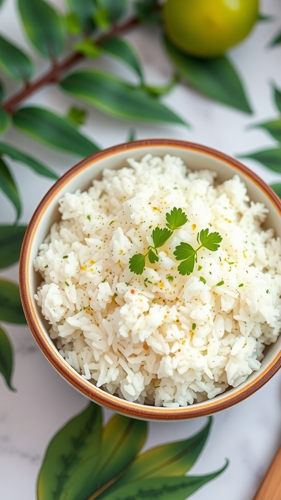 A bowl of coconut lime rice garnished with cilantro, surrounded by green leaves and a lime.
