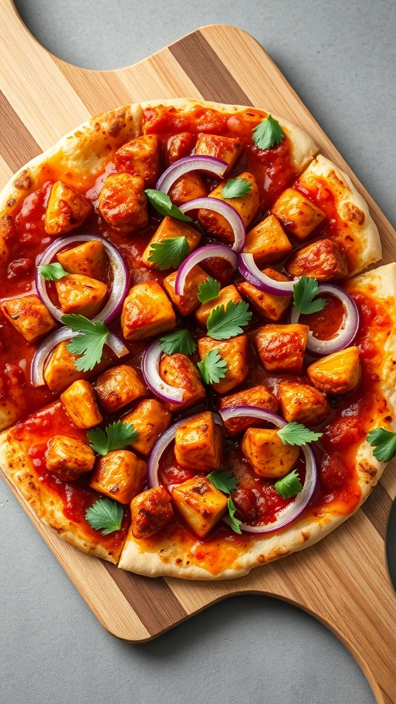 BBQ chicken pizza topped with red onions and cilantro on a wooden cutting board.