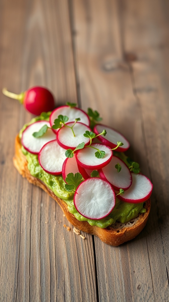 A slice of avocado toast topped with radish slices and herbs on a wooden table.