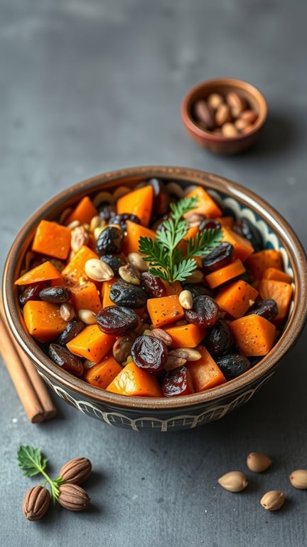 A colorful bowl of Moroccan Carrot and Raisin Salad with nuts and spices
