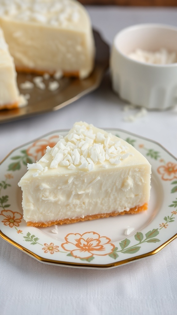 A slice of Maja Blanca coconut pudding on a decorative plate with grated coconut on top.
