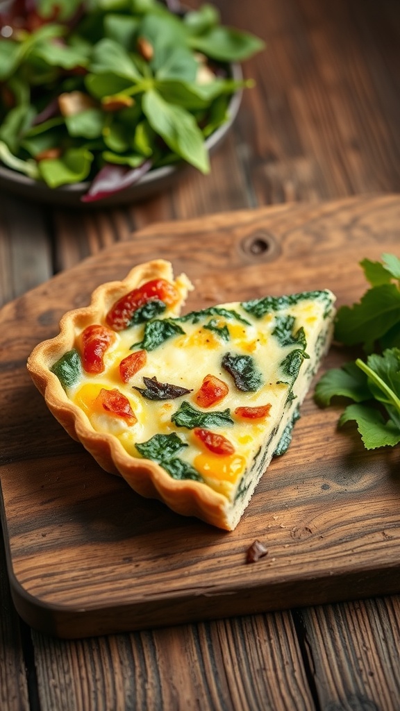 A slice of savory egg and spinach quiche on a wooden board, with a fresh salad in the background.