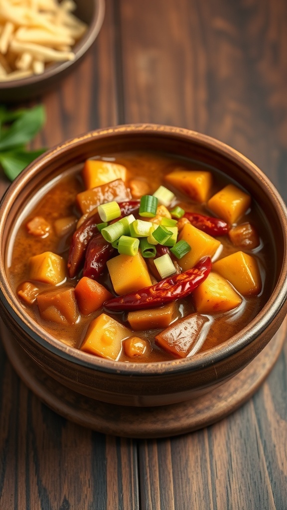 A bowl of Adobo sa Gata featuring chunks of meat, vegetables, and garnished with green onions.
