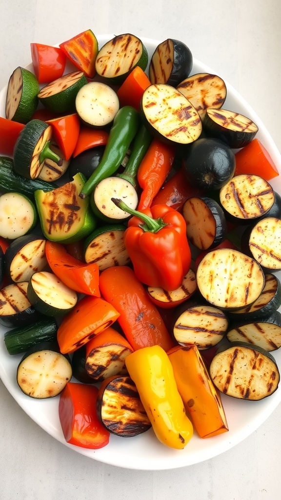 A vibrant platter of grilled vegetables including zucchini, bell peppers, and eggplant.