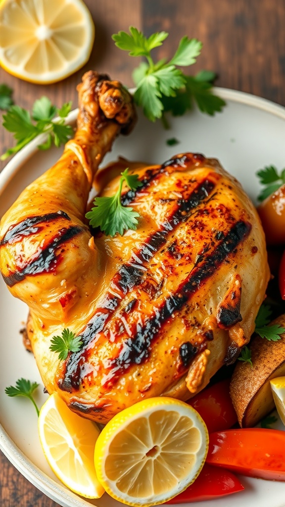 Grilled chicken with lemon and herbs on a plate.