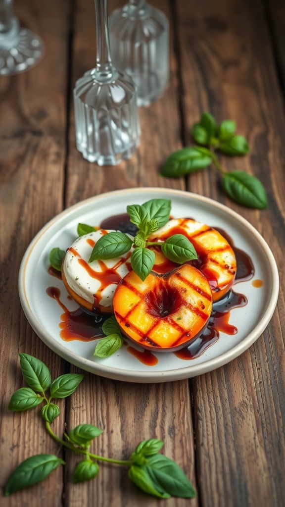 A plate of grilled peach and burrata salad garnished with basil on a wooden table.