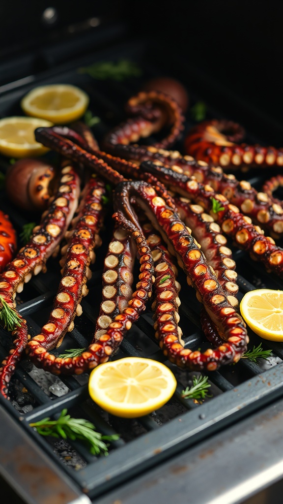 Grilled octopus tentacles with lemon slices and herbs on a grill