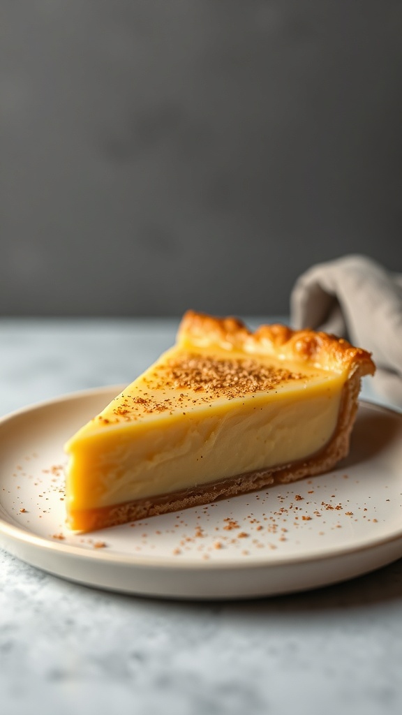 A slice of egg custard tart on a plate, showcasing its creamy filling and flaky crust.