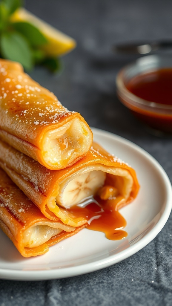 A plate of turon, or banana spring rolls, drizzled with caramel sauce.