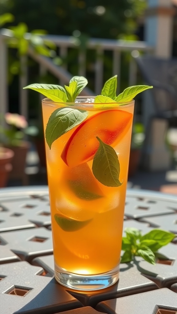 A glass of Peach Basil Iced Tea garnished with peach slices and basil leaves.
