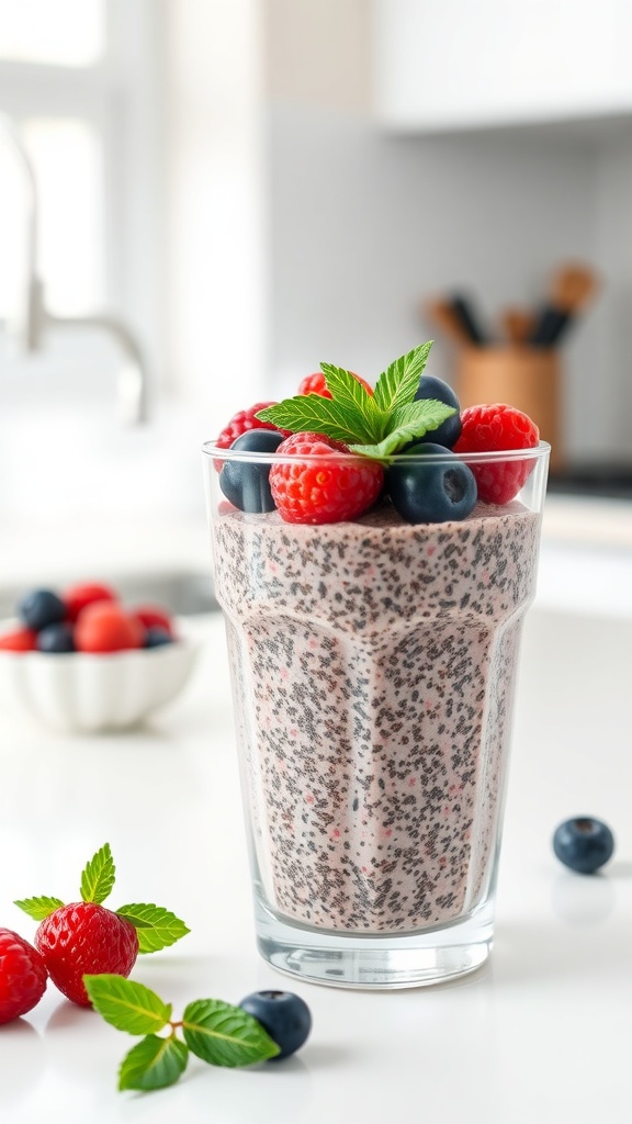 A glass of berry chia seed pudding topped with fresh raspberries and blueberries.