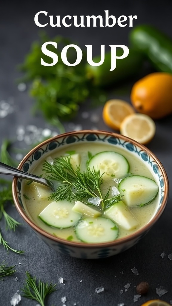 A bowl of chilled cucumber soup garnished with cucumber slices and herbs.