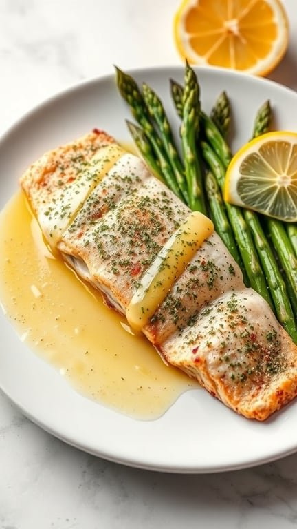 A plate of herb-crusted trout with lemon butter, served with asparagus and lemon slices.