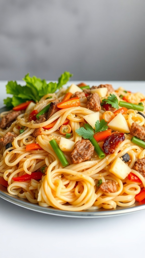 A plate of Pancit Canton with stir-fried noodles, vegetables, and meat.