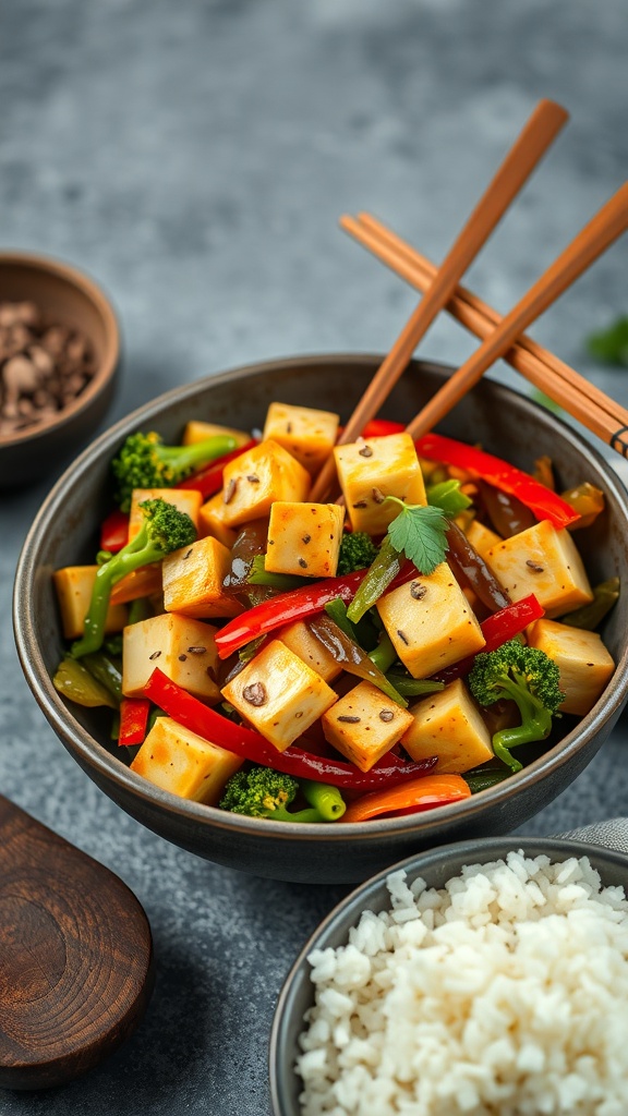 A bowl of vegetable stir-fry with tofu, featuring broccoli, red peppers, and green peppers, served with a side of rice.